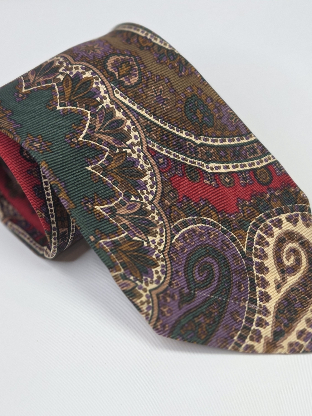 Polo by Ralph Lauren Red, Green & Purple Paisley 100% Silk Vintage Tie 3.35x57"